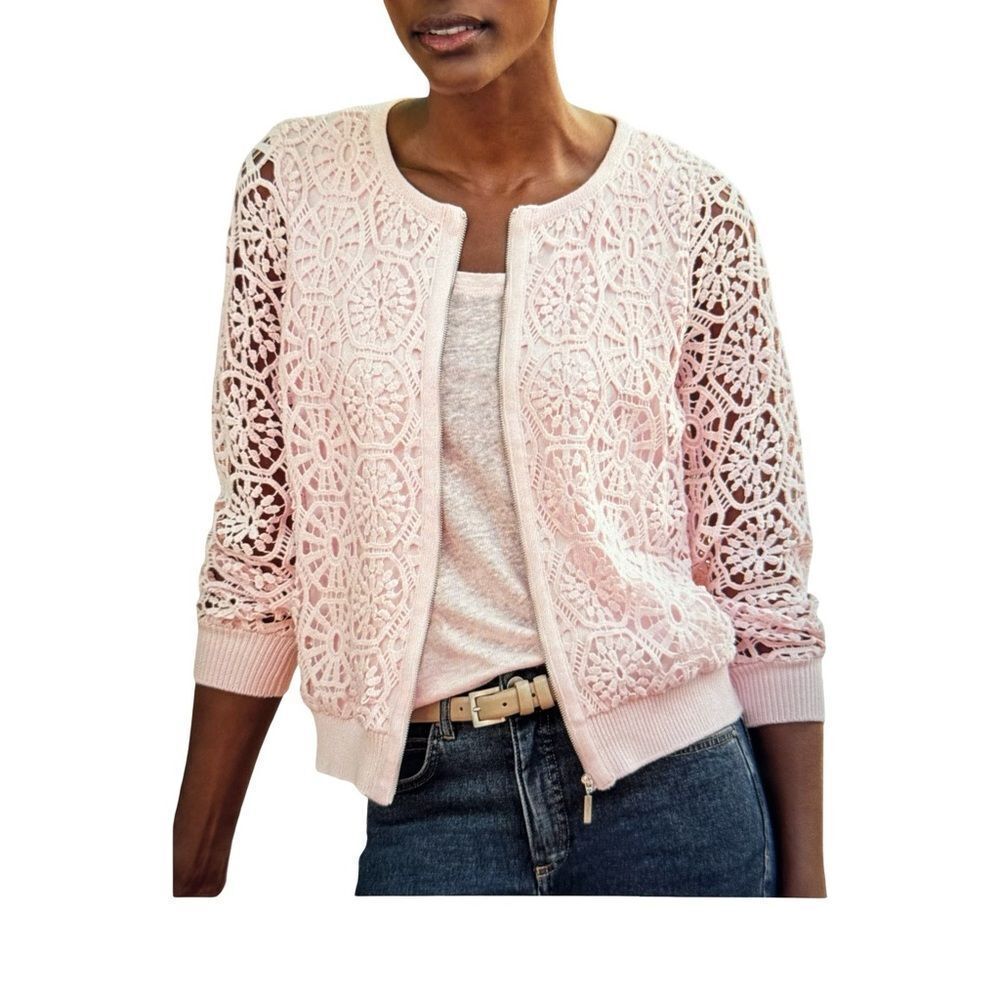 Pure Collection Lace Zip Cardigan, Soft Pink